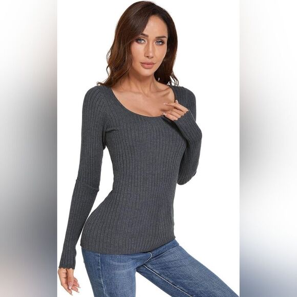 AmélieBoutik Women Scoop Neck Long Sleeve Scalloped Cuff Ribbed Sweater Gray S - Picture 1 of 10
